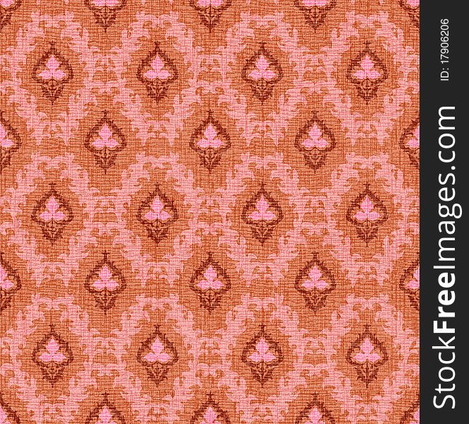 Fabric seamless ornament pink flowers at orange background. Fabric seamless ornament pink flowers at orange background