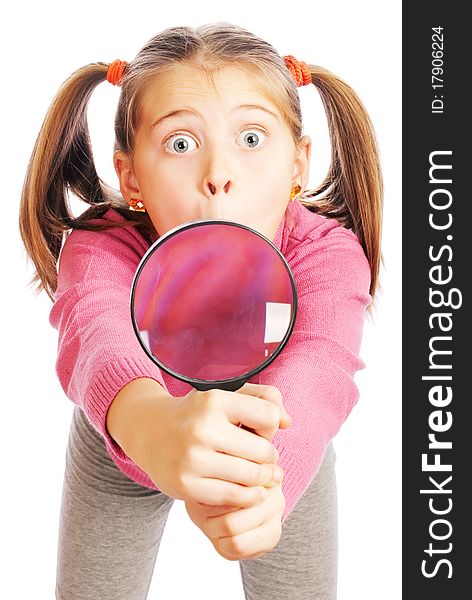 Interesting girl on a white background with a magnifying glass in hand. Interesting girl on a white background with a magnifying glass in hand