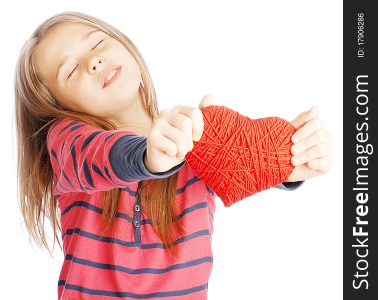 Beautiful girl with a heart in his hands on a white background