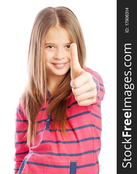 Beautiful girl on a white background shows the thumbs up sign. Beautiful girl on a white background shows the thumbs up sign