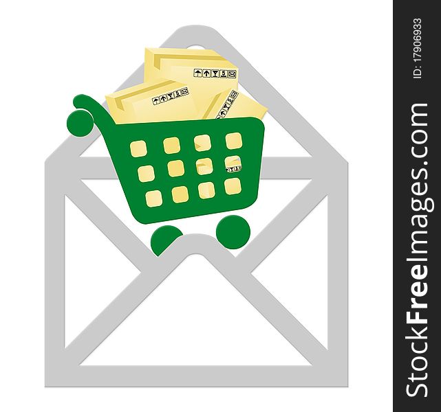 Open envelope containing a shopping cart icon. Open envelope containing a shopping cart icon