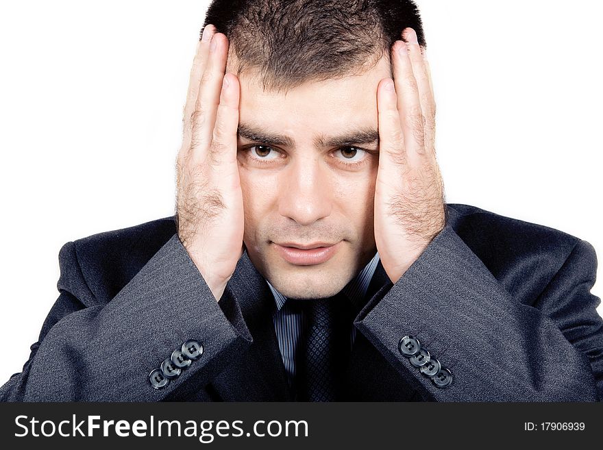 Worried businessman against white background