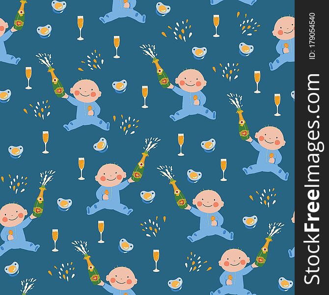 Baby Shower Boy Seamless Vector Pattern. Baby Boy Holding A Bottle Of Champagne, Wine Flutes And Pacifiers Repeating