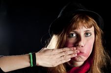 Blonde Girl Deforms The Face With His Own Hands Royalty Free Stock Photo Blonde Girl Deforms The Face With His Own Hands Royalty Free Stock Photo
