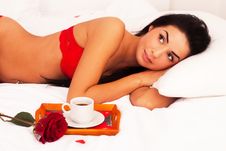 Girl Lying In Bed With Gifts, Cards, Hearts, Coff Stock Photo Girl Lying In Bed With Gifts, Cards, Hearts, Coff Stock Photo