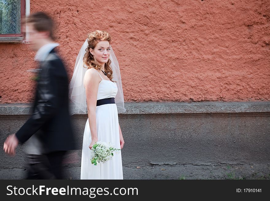 Bride and groom. Outdoor portrait in the field