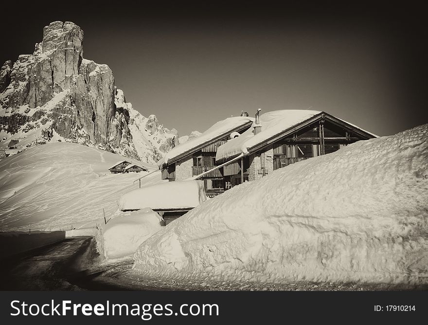 Snowy Landscape of Dolomites Mountains during Winter Season, Italy