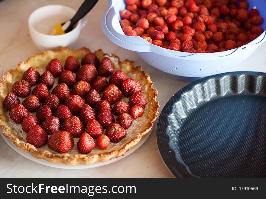 Tasty strawberry pie on the table