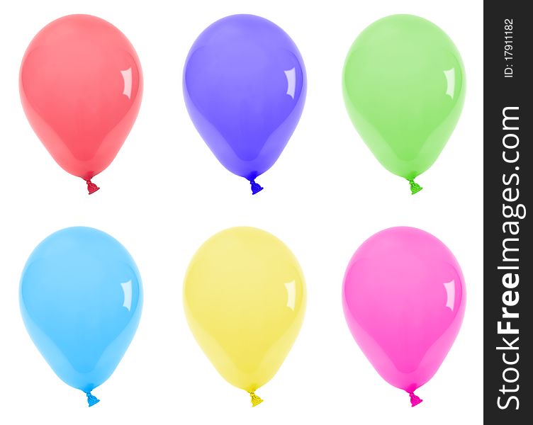 Six colored balloons isolated on white