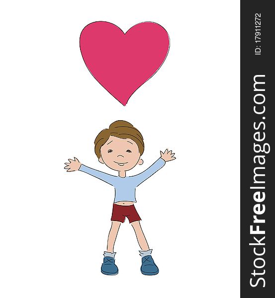 Boy with heart, isolated. Hand drawn illustration