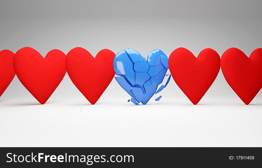 Many hearts and one broken 3d Illustration