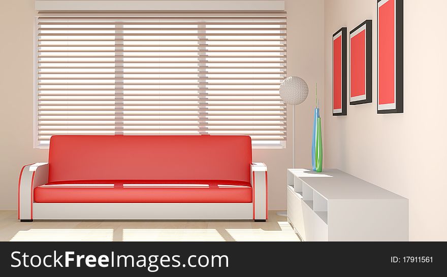 Modern interior designed in warm tones 3d Illustration