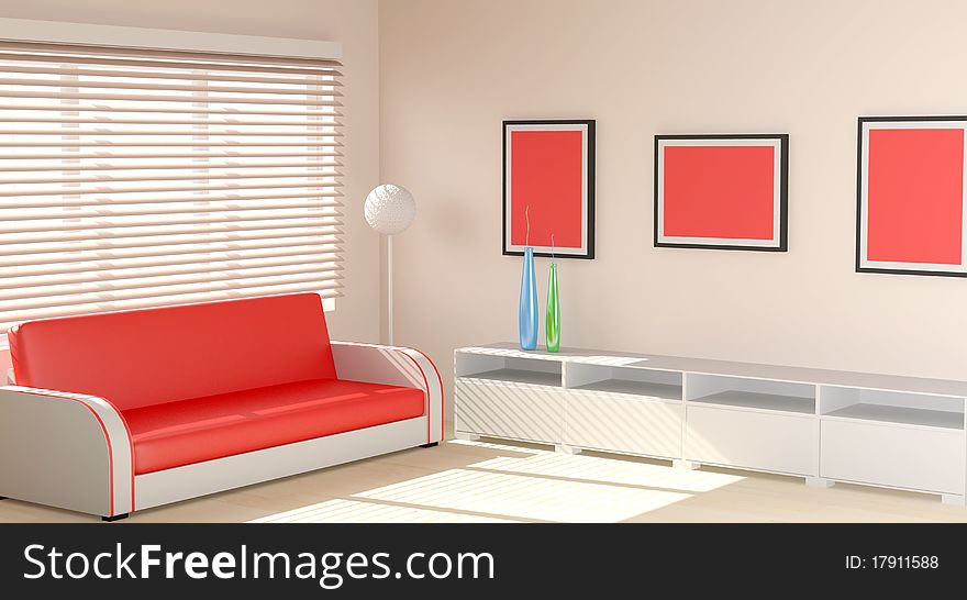 Modern interior designed in warm tones 3d Illustration