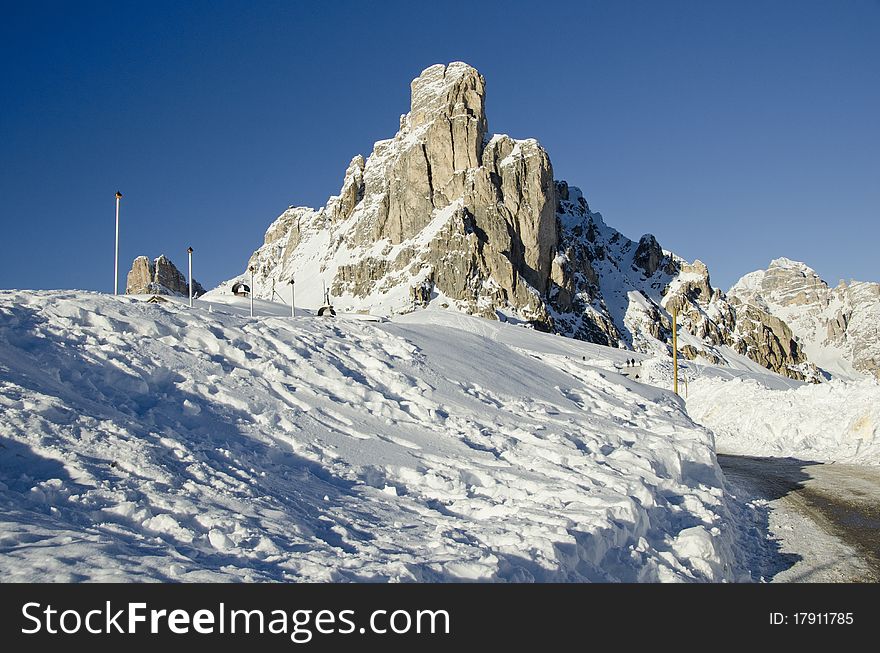 Snowy Landscape of Dolomites Mountains during Winter Season, Italy