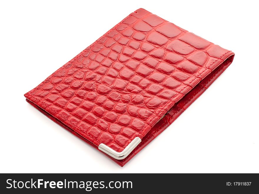 Red leather card holder on a white background