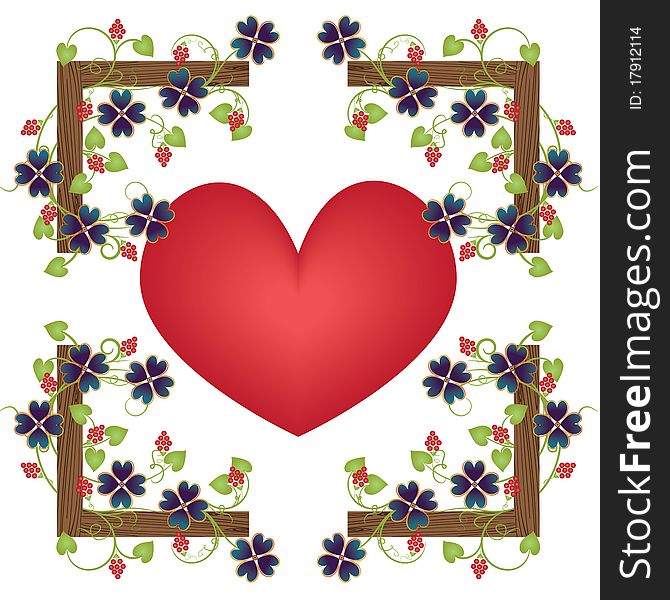 Vector Illustration of a heart, wooden frames and flowers. Vector Illustration of a heart, wooden frames and flowers