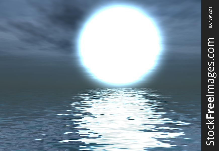 Night sea landscape with clouds and a bright moon in the starry sky. 3d computer modeling
