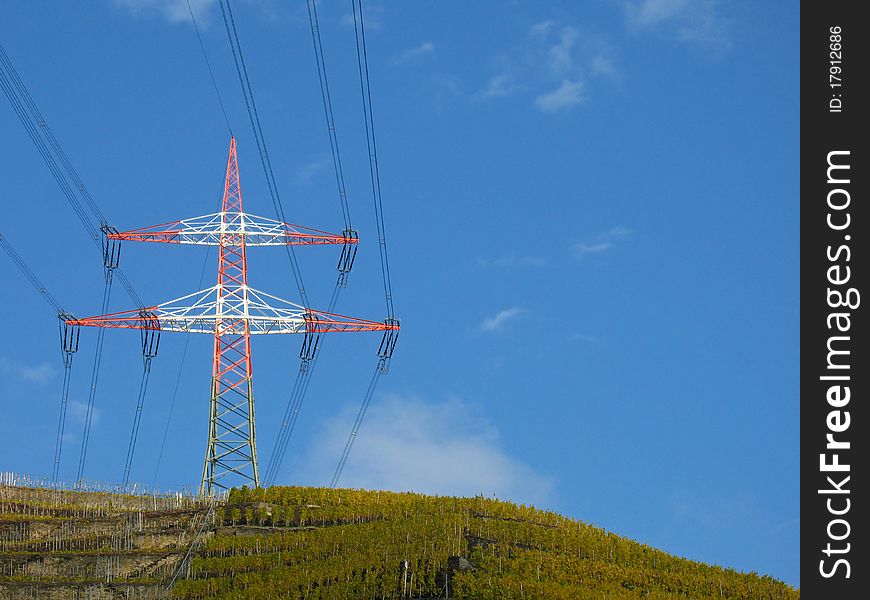 Electricity pylon on a vineyard in Germany