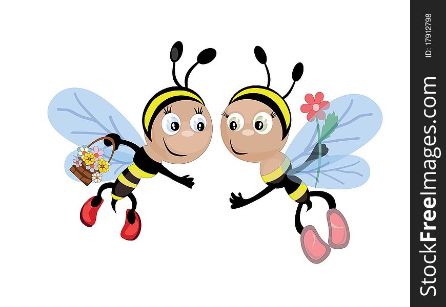 Two funny bees,with flowers. Two funny bees,with flowers