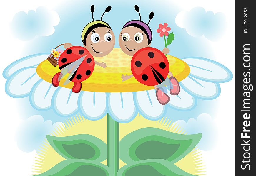 Two funny ladybugs ,with flowers. Two funny ladybugs ,with flowers