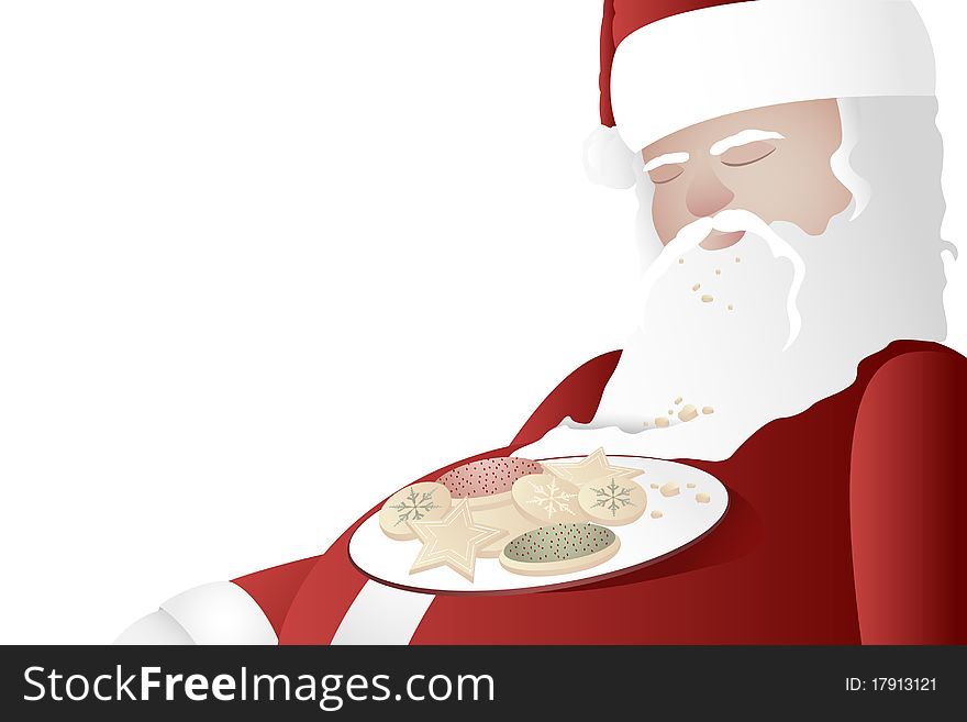 Santa Claus sleeping with a plate of cookies resting on his belly & crumbs in his beard, with copyspace. Santa Claus sleeping with a plate of cookies resting on his belly & crumbs in his beard, with copyspace