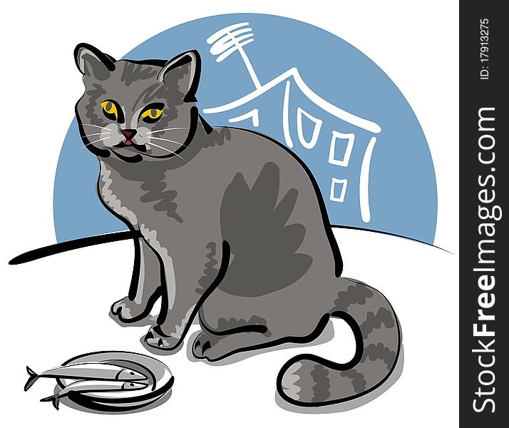 Grey cat on the roof and saucer with fish. Grey cat on the roof and saucer with fish