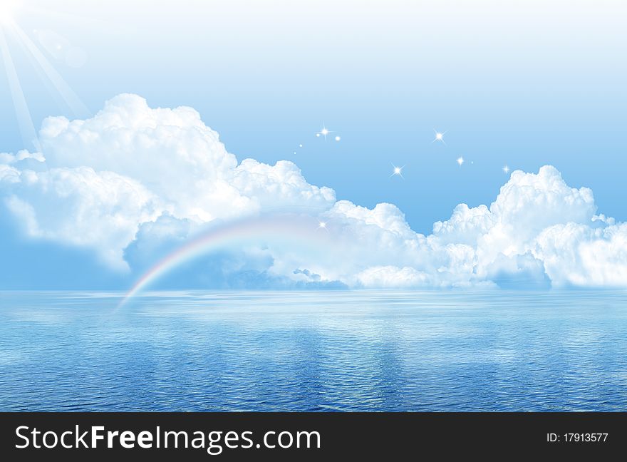 Beautiful blue sea rainbow and clouds