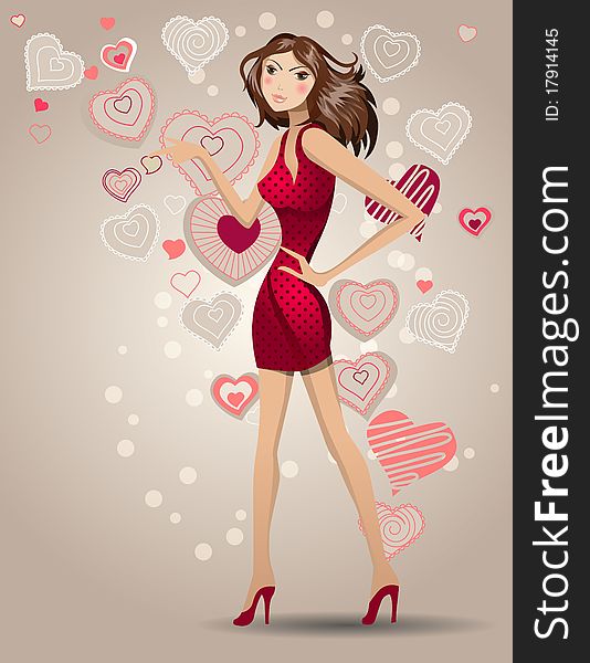 Young walking woman with stylized contour hearts