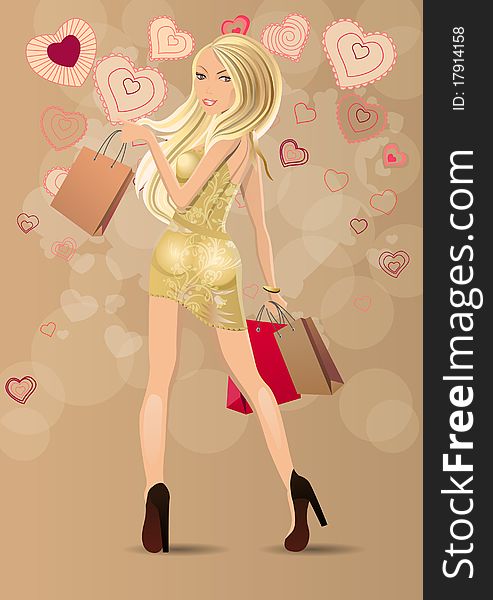 Beautiful blond carrying bags with stylized contour hearts