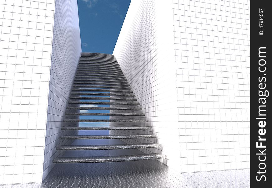 3d Illustration of white ladder and walls with blue sky and sun. 3d Illustration of white ladder and walls with blue sky and sun