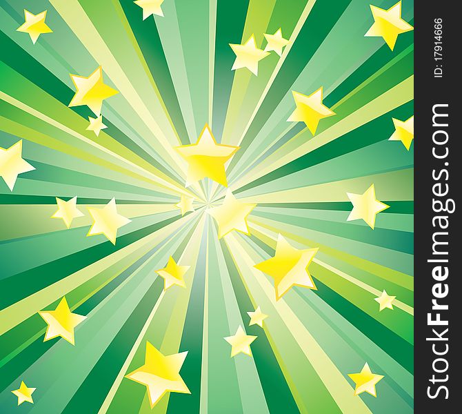 Abstract background with yellow stars and green rays. Abstract background with yellow stars and green rays.