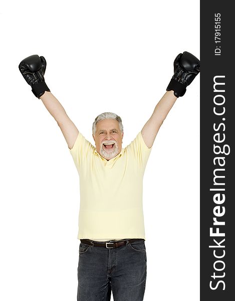 Elderly man with boxing gloves in a white background