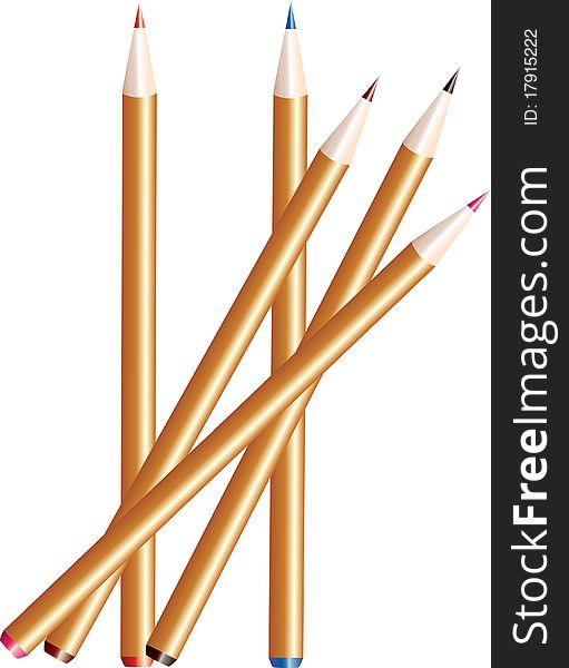 Five colored pencils on a white background.