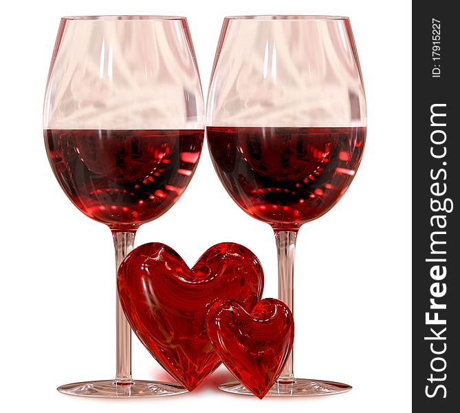 Two wineglass with two hearts as symbol love on valentine's day on February, 14th. Two wineglass with two hearts as symbol love on valentine's day on February, 14th