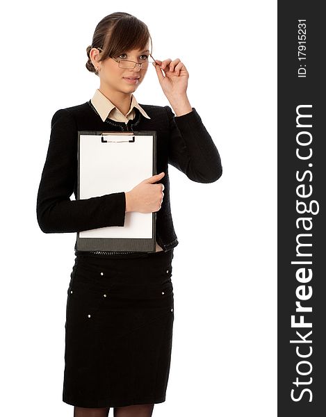 Woman holding clipboard with blank paper in the hand. Woman holding clipboard with blank paper in the hand