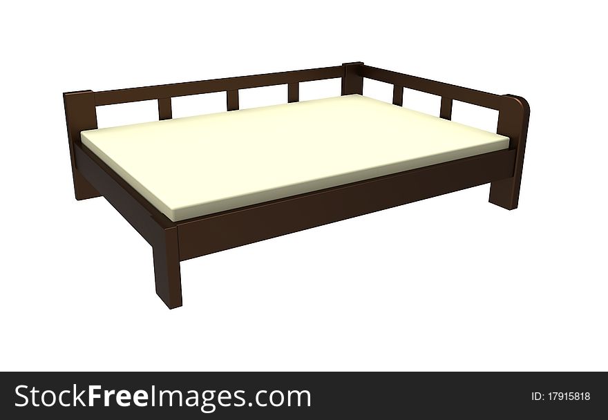 3d Bed wooden with two backs and a mattress on a white background