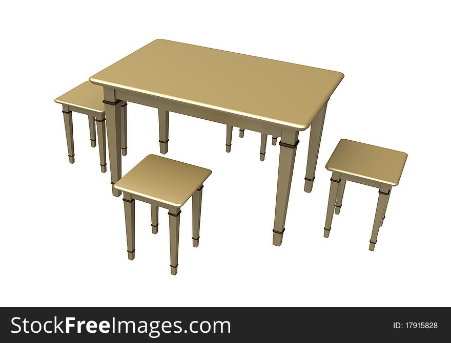 3d Table wooden with four stools on a white background. 3d Table wooden with four stools on a white background