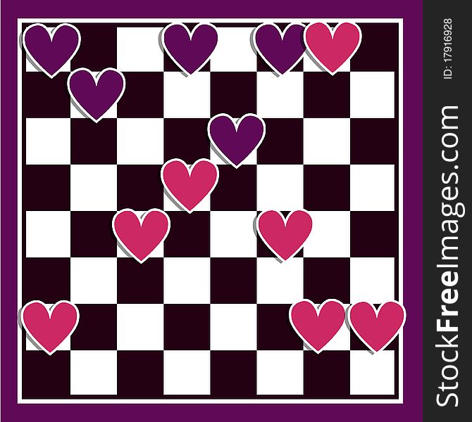 Love. Concept art with hearts and  chessboard. Vector illustration