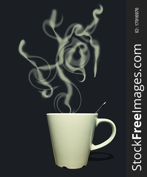 Cup of coffee or tea with steam in shape of text: hot. Cup of coffee or tea with steam in shape of text: hot