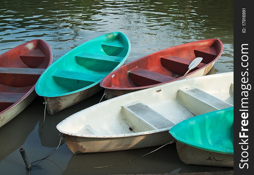 Five Paddle boats made of fiberglass in the water park