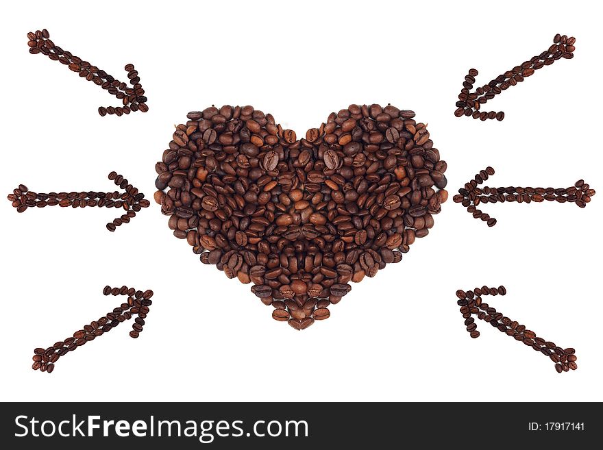 A coffee in the shape of heart isolated on white