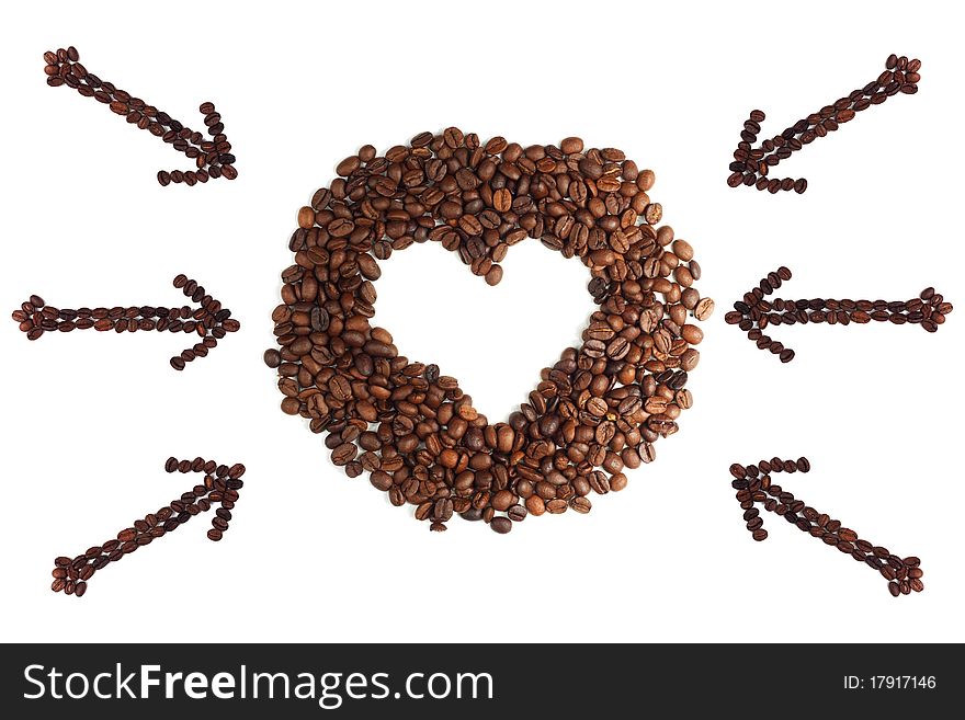 A coffee frame in the shape of heart isolated on white