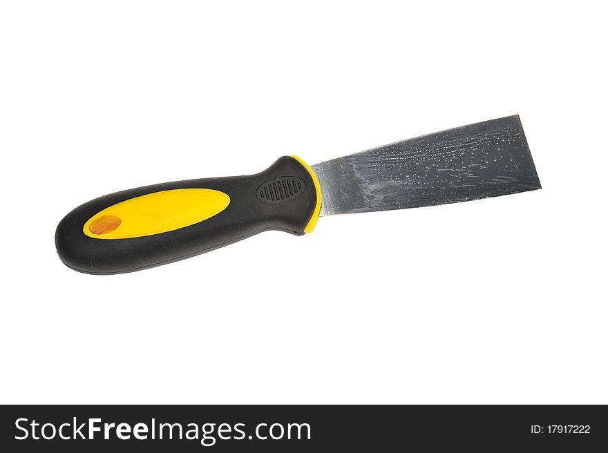 A Metal Putty Knife With A Yellow Plastic Handle Isolated On White Background