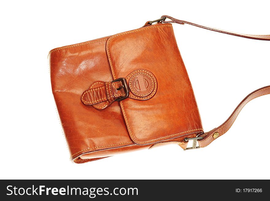 Brown Lady Leather Handbag With Strap Isolated On White Background. Brown Lady Leather Handbag With Strap Isolated On White Background