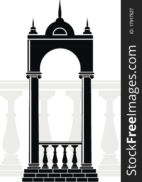 Illustration of architectural element - Silhouette of an arch with balustrade and spikes: black, isolated vector, white background
