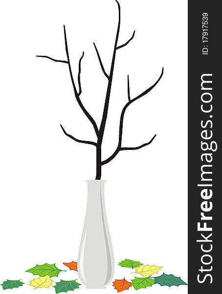 Isolated vector illustration - Dry branch of the tree in an elegant white vase and fallen down leaves - cartoon style. Isolated vector illustration - Dry branch of the tree in an elegant white vase and fallen down leaves - cartoon style