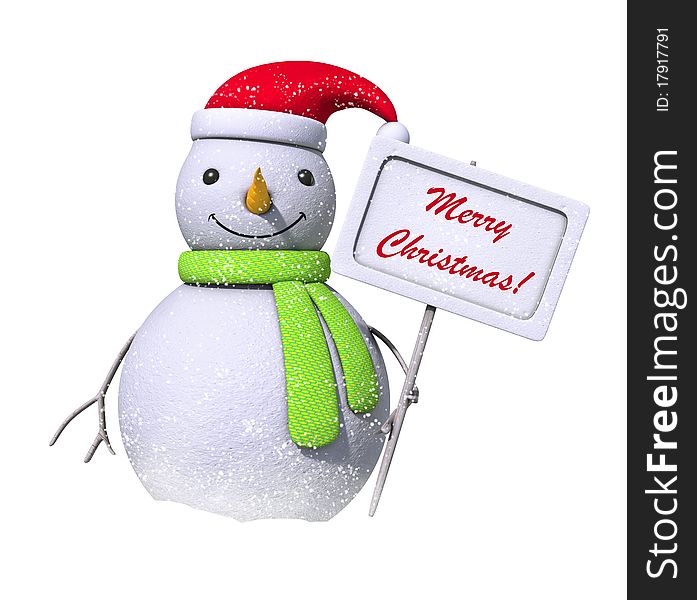 Snowman holding a board with a message Merry Christmas