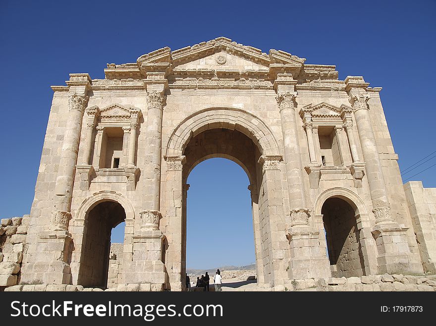 Front view of Hadrian's Arch in Jerash, Jordan