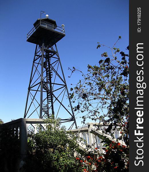 Black watchtower overlooking Alcatraz Island, CA