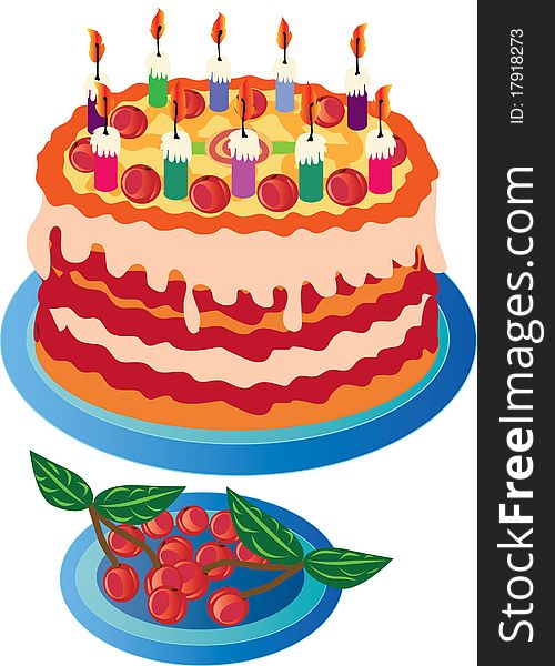 Cake with cherries for a birthday celebration.Vector illustration. Cake with cherries for a birthday celebration.Vector illustration.